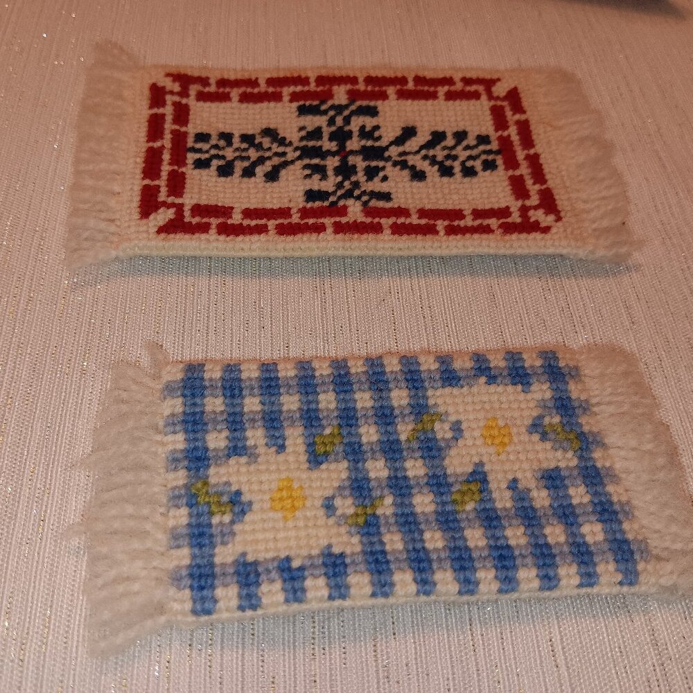 2 Vintage handmade needlepoint fringe dollhouse miniature rugs floral accent